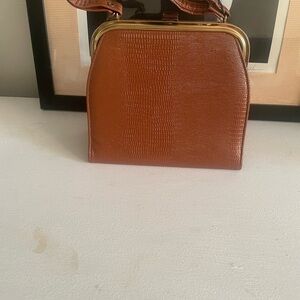 Cognac Crocodile Pattern Clutch with Gold Frame